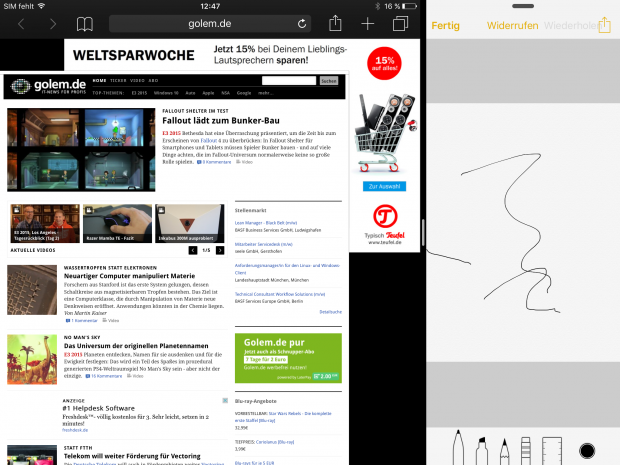 Split-View ermöglicht es, zwei Anwendungen parallel geöffnet zu haben. Dabei nimmt die rechte Anwendung ein Drittel ... (Screenshot: Golem.de)