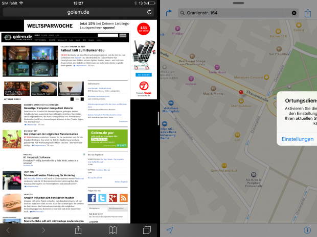 Einblendungen funktionieren im Split-View-Modus noch nicht korrekt. (Screenshot: Golem.de)