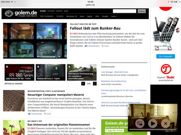 Das Video liegt dann in einer der Ecken über dem Inhalt. (Screenshot: Golem.de)