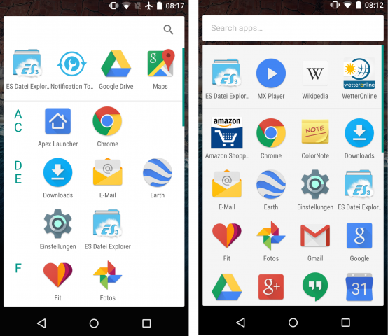 Links: App-Übersicht aus der Preview 1 mit Buchstabenleiste auf der linken Seite. Rechts: Die neue App-Übersicht in der Preview 2 mit mehr Platz für Apps (Screenshot: Golem.de)