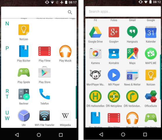 Links: App-Übersicht aus der Preview 1 mit Buchstabenleiste auf der linken Seite. Rechts: Die neue App-Übersicht in der Preview 2 mit mehr Platz für Apps (Screenshot: Golem.de)