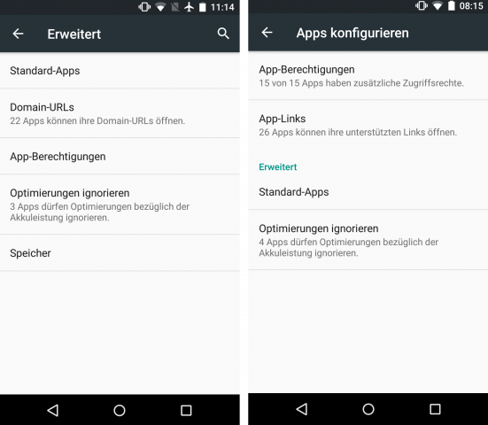 Links: Das Untermenü der App-Einstellungen in der Preview 1. Rechts: In der Preview 2 wird die Anzahl der Apps mit zusätzlichen Berechtigungen angezeigt. (Screenshot: Golem.de)