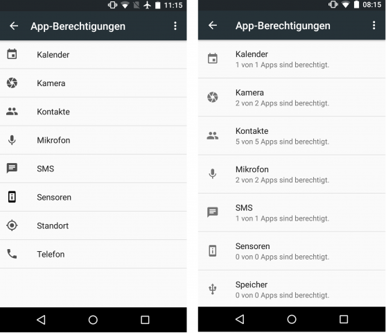 Links: Die Übersicht aller Berechtigungen in der Preview 1. Rechts: In der Preview 2 sieht der Nutzer, wie viele Apps eine Berechtigung anfordern. (Screenshot: Golem.de)
