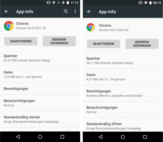 Links: Die Detail-Ansicht der App-Einstellungen in der Preview 1. Rechts: Die Preview 2 zeigt in der Detail-Ansicht alle angeforderten Berechtigungen. (Screenshot: Golem.de)