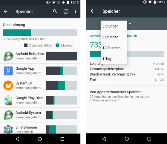 Links: Das Speicher-Menü in der Preview 1. Rechts: Das neue Speicher-Menü in der Preview 2. (Screenshot: Golem.de)