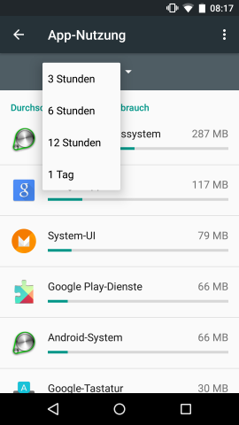 In dem Speicher-Untermenü kann der Verbrauch in verschiedenen Zeitfenstern angezeigt werden. (Screenshot: Golem.de)