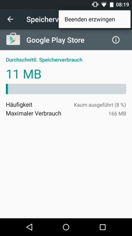 In den App-Details des Speichermenüs wurde der Befehl &quot;Beenden erzwingen&quot; in ein Untermenü verfrachtet. (Screenshot: Golem.de)