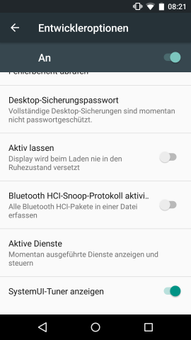 Der SystemUI-Tuner muss erst in den Entwickleroptionen aktiviert werden. (Screenshot: Golem.de)
