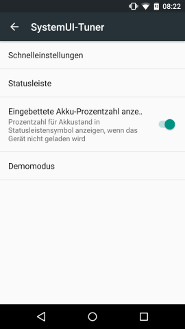 Im SystemUI-Tuner lässt sich der Akkustand in Prozent im betreffenden Statusleisten-Icon einblenden. (Screenshot: Golem.de)