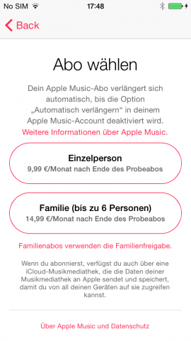 Wie bei vielen anderen Musik-Streaming-Diensten kostet das Standard-Abo 10 Euro im Monat. Eine Familienlizenz mit mehreren unabhängigen Konten kostet 15 Euro. (Screenshot: Golem.de)