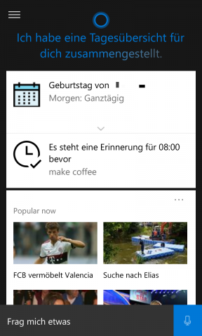 Zum Vergleich der Startbildschirm von Cortana bei einem Lumia 1020 mit Windows 10 (Screenshot: Golem.de)