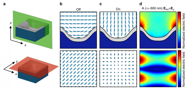 Variable Anordnung der Fl&uuml;ssigkristalle in zwei Perspektiven: kein elektrisches Feld (b), elektrisches Feld mit 10 V/&micro;m (c), simuliertes Computermodell der Feldst&auml;rke (Bild: University of Central Florida)