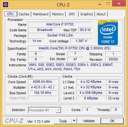 Core i7-5775C auf 4,2 GHz &uuml;bertaktet (Screenshot: Golem.de)