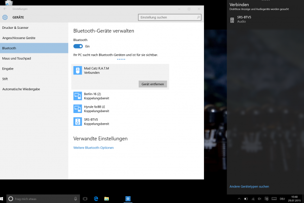 Mit Bluetooth LE wird es kompliziert. Unsere LE-Maus und ein Microsoft Band sind nur links zu sehen, w&auml;hrend klassische Bluetooth-Ger&auml;te auch im Info-Center erscheinen. (Screenshot: Golem.de)