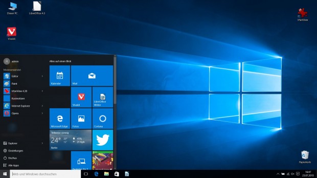 Windows 10 mit ge&ouml;ffnetem Startmen&uuml; (Screenshot: Golem.de)