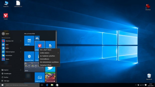 Die Konfiguration der Kacheln im Startmen&uuml; erfolgt &uuml;ber ein Kontextmen&uuml;. (Screenshot: Golem.de)