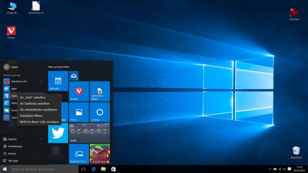 Auch die Eintr&auml;ge im linken Bereich des Startmen&uuml;s werden mittels Kontexmen&uuml; konfiguriert. (Screenshot: Golem.de)