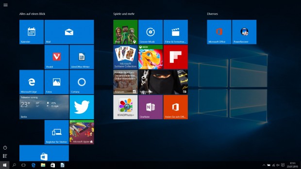 Das bildschirmf&uuml;llende Startmen&uuml; in Windows 10 blendet den linken Bereich nicht ein. (Screenshot: Golem.de)