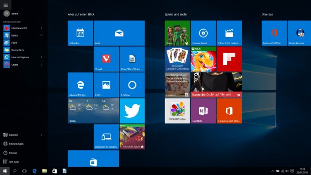 Erst nach Druck auf einen Button links oben erscheint der linke Bereich des Windows-10-Startmen&uuml;s. (Screenshot: Golem.de)