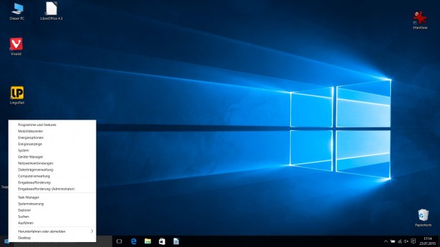 Der Startknopf in Windows 10 hat ein neues Kontextmen&uuml; erhalten. (Screenshot: Golem.de)