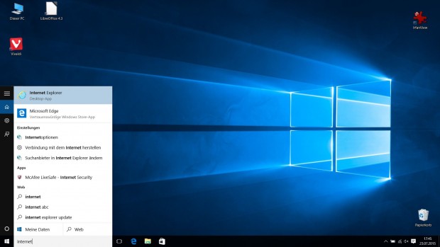 Neben dem Edge Browser ist der Internet Explorer weiterhin in Windows 10 enthalten. (Screenshot: Golem.de)