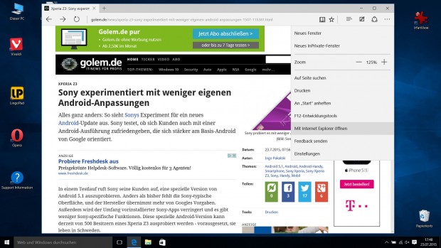 Aus Edge heraus kann eine ge&ouml;ffnete Webseite direkt im Internet Explorer aufgerufen werden. (Screenshot: Golem.de)