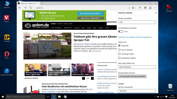 Das Einstellungsmen&uuml; von Edge wird von rechts eingeblendet. (Screenshot: Golem.de)
