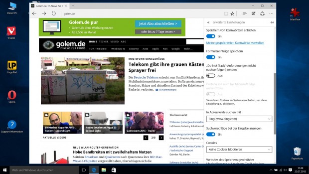 Die Standardsuchmaschine in Edge l&auml;sst sich &auml;ndern. (Screenshot: Golem.de)