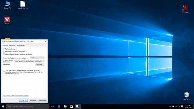 Im Kontextmen&uuml; kann die Taskleiste in einem alten Windows-Dialog konfiguriert werden. (Screenshot: Golem.de)