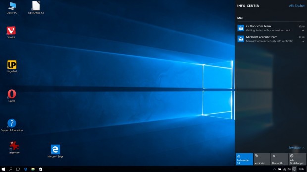 Das Info-Center wird am rechten Bildschirmrand eingeblendet. (Screenshot: Golem.de)