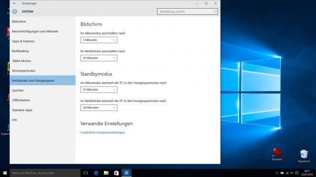 Bereich Energie in den Windows-10-Einstellungen (Screenshot: Golem.de)