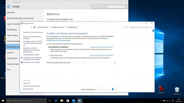 Aus den Energie-Einstellungen wird beim Klick auf zus&auml;tzliche Einstellungen ein alter Windows-Dialog ge&ouml;ffnet. (Screenshot: Golem.de)