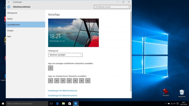 Der Windows-10-Sperrbildschirm kann umfangreich konfiguriert werden. (Screenshot: Golem.de)
