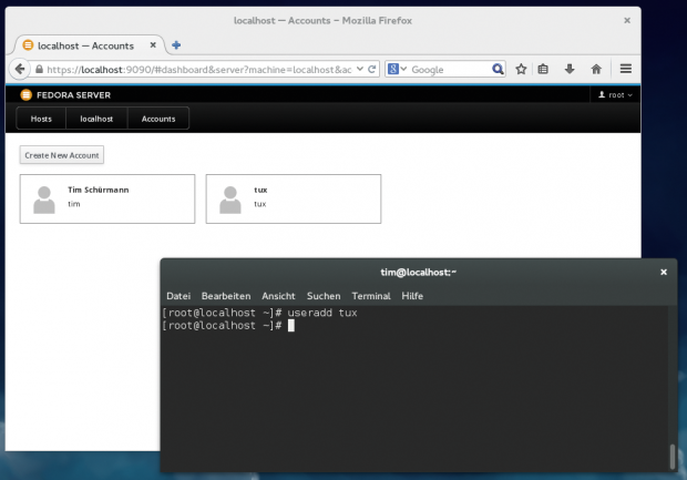 Das per &raquo;adduser&laquo; &uuml;ber die Kommandozeile hinzugef&uuml;gte Benutzerkonto taucht auch direkt in Cockpit auf (hier unter der Version 0.27). (Bild: Screenshot Linux Magazin)