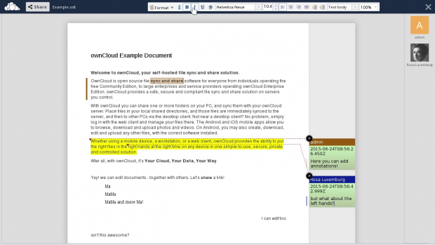 Die Dokumenten-App zeigt auch Kommentare. (Bild: Owncloud - CC-BY 4.0)