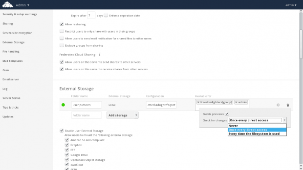 Die Optionen zum Einh&auml;ngen von Speichern sind erweitert worden. (Bild: Owncloud - CC-BY 4.0)