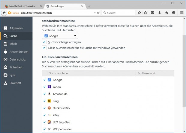 Sucheinstellungen in Firefox 40 auf einem System mit Windows 10 (Screenshot Golem.de)