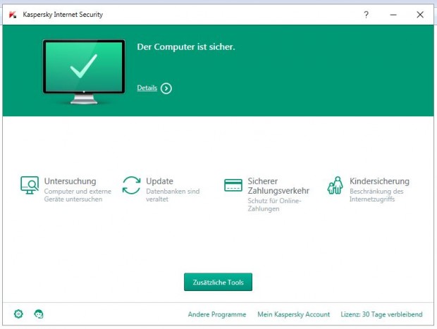 Kaspersky Internet Security 2016 - Hauptfenster (Bild: Kaspersky Lab)
