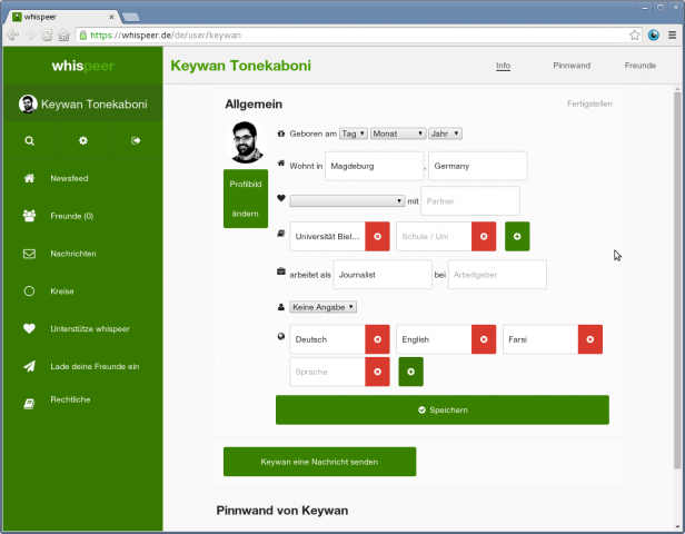 Whispeer bietet die üblichen Einstellungen im eigenen Profil. (Screenshot: Golem.de)