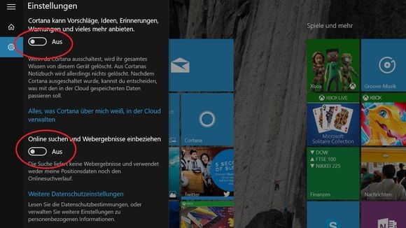 Einstellungen in Cortana: Wer alles deaktiviert, hat von der virtuellen Assistentin nicht mehr viel. (Screenshot: Zeit Online)