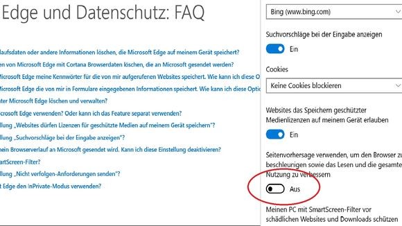 Erweiterte Einstellungen im Edge-Browser: Ganz am Ende finden sich noch wichtige Optionen. (Screenshot: Zeit Online)
