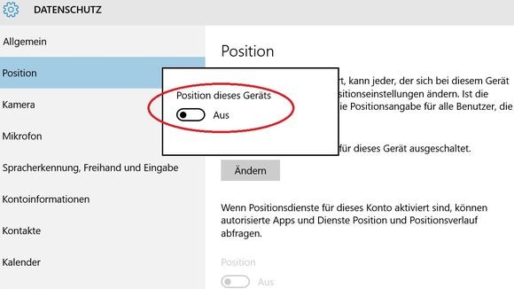 Die Erhebung von Standortdaten lässt sich in Windows 10 nur begrenzt verhindern. (Screenshot: Zeit Online)