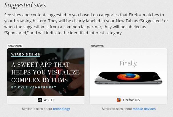 Mozilla unterscheidet dabei klar zwischen bezahlten und vorgeschlagenen Kacheln. (Mozilla -CC-BY-SA 3.0)
