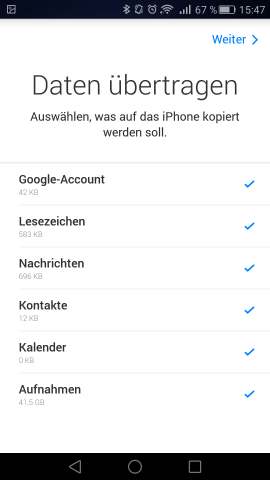Der Nutzer kann w&auml;hlen, welche Daten er &uuml;bertragen m&ouml;chte. (Screenshot: Golem.de)