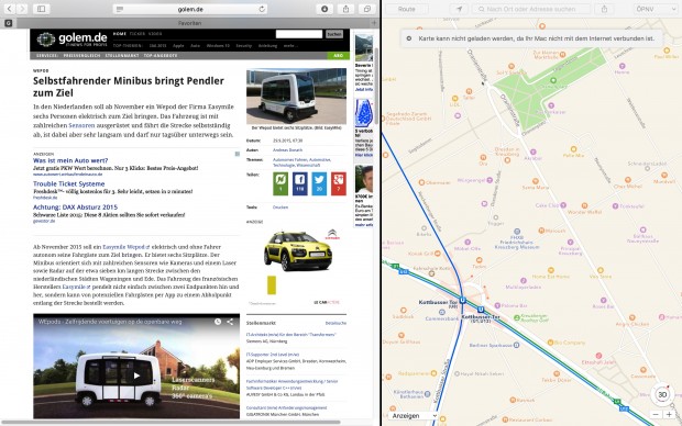 Splitscreen unter OS X 10.11 El Capitan. Die Trennlinie l&auml;sst sich verschieben und die Positionen tauschen. (Bild: Golem.de)