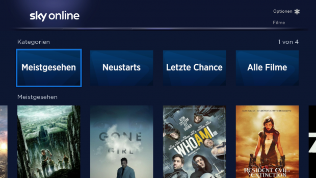 Der Hauptbildschirm der Sky Online App mit Rubriken (Screenshot: Golem.de)