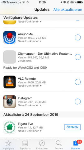 Im Update-Bereich werden Watch-OS-2-Apps hervorgehoben. (Screenshot: Golem.de)