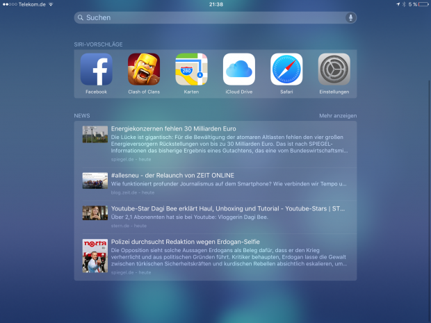 Praktisch ist die neue Suche, die auch Nachrichten anzeigt und h&auml;ufig sowie zuletzt verwendete Apps. (Screenshot: Golem.de)