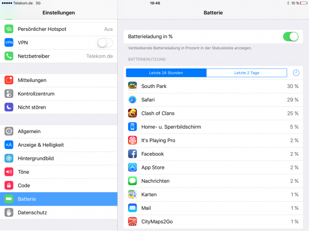 Dem iPad fehlt der Stromsparmodus. (Screenshot: Golem.de)
