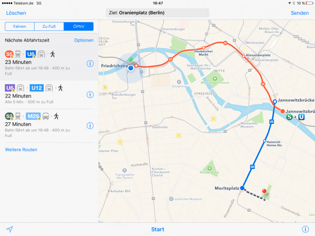 Routenplanung mit der neuen &Ouml;PNV-Darstellung von Apple Maps (Screenshot: Golem.de)